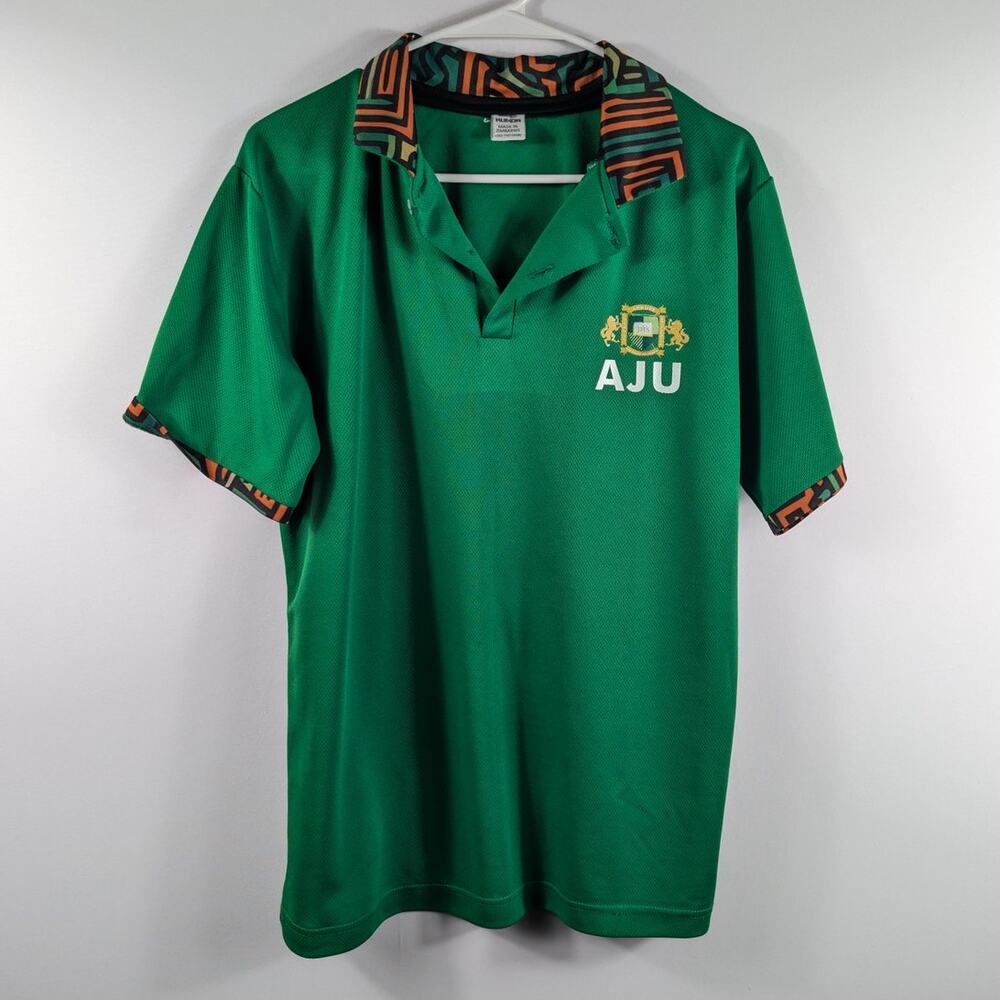Kunda AJU Soccer Jersey Polo Large Green Geometric Print Collar Made Zimbabwe